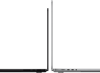 14palcový a 16palcový MacBook Pro zadními stranami u sebe na ilustraci rozdílu ve velikostech a zdůraznění úzkého profilu