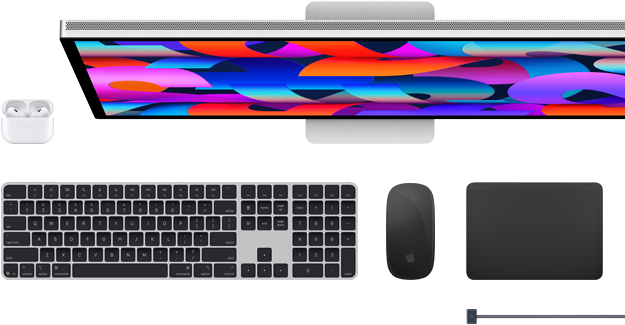 Doplňky k Macu: AirPody, Studio Display, Magic Keyboard, Magic Mouse, Magic Trackpad, vesmírně černý MagSafe nabíjecí kabel