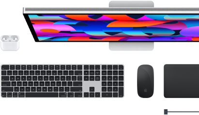 Doplňky k Macu: AirPody, Studio Display, Magic Keyboard, Magic Mouse, Magic Trackpad, vesmírně černý MagSafe nabíjecí kabel