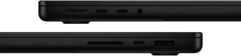 Porty MacBooku Pro – levá strana: MagSafe 3, dva porty Thunderbolt, sluchátkový konektor – pravá strana: slot na karty SDXC, jeden port Thunderbolt, HDMI