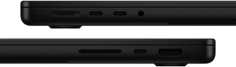 Porty MacBooku Pro – levá strana: MagSafe 3, dva porty Thunderbolt, sluchátkový konektor – pravá strana: slot na karty SDXC, jeden port Thunderbolt, HDMI