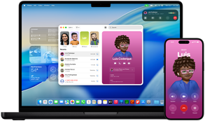 MacBook Pro a iPhone 16 Plus, otevřená aplikace Telefon, na obou obrazovkách se ukazuje stejný obsah