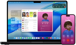 MacBook Pro a iPhone 16 Plus, otevřená aplikace Telefon, na obou obrazovkách se ukazuje stejný obsah